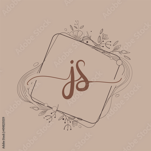 Letter JS Initial Logo with Hand Draw Floral, Initial Wedding Font Logo And Business or Company Identity.