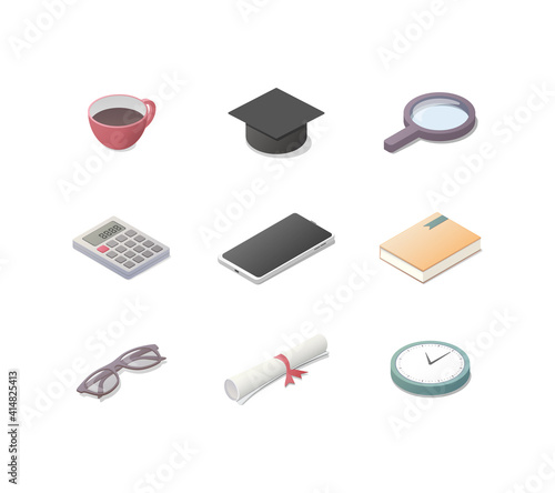 School university education. Isometric icon set. Colored vector illustration. Isolated on white background.