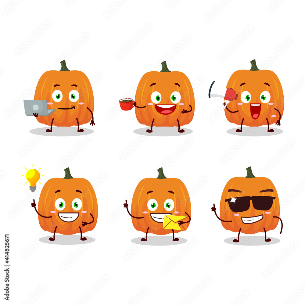 New pumpkin cartoon character with various types of business emoticons