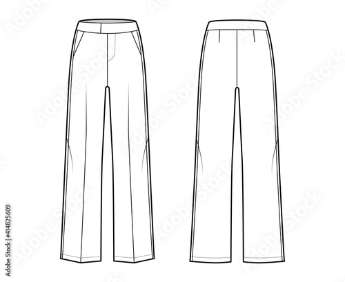 Pants tuxedo technical fashion illustration with extended low waist, rise, full length, slant pockets, side satin stripe. Flat trousers bottom template back, white color. Women, men, unisex CAD mockup