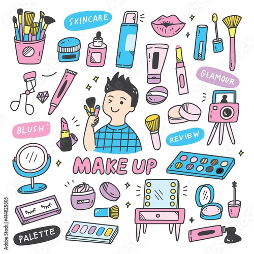 Make Up Artist Equipments in doodle style vector element