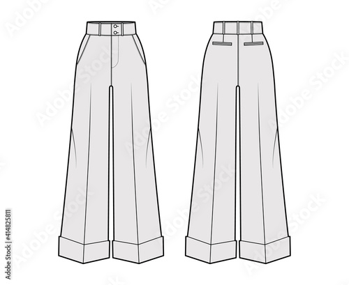 Pants oxford tailored technical fashion illustration with normal waist, high rise, full length, slant jetted pockets. Flat trousers apparel template front, back grey color. Women men unisex CAD mockup