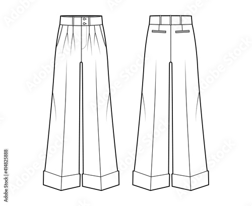 Pants oxford tailored technical fashion illustration with low waist, rise, full length, double pleat, slant slashed jetted pockets. Flat trousers apparel template front back white color. Women men CAD