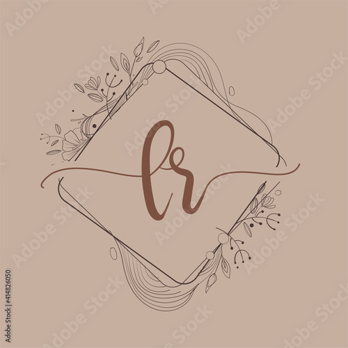 Letter LR Initial Logo with Hand Draw Floral, Initial Wedding Font Logo And Business or Company Identity.