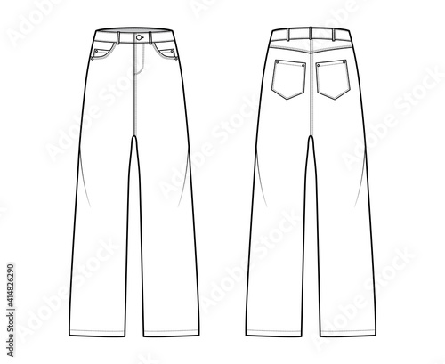 Baggy Jeans Denim pants technical fashion illustration with low waist, rise, 5 pockets, Rivets, belt loops. Flat bottom apparel template front, back, white color style. Women, men, unisex CAD mockup