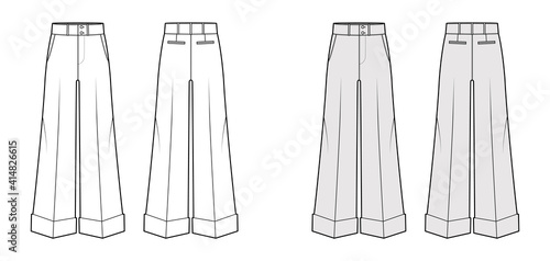Pants oxford tailored technical fashion illustration with low waist, rise, full length, slant slashed jetted pockets. Flat trousers apparel front, back white, grey color. Women men unisex CAD mockup
