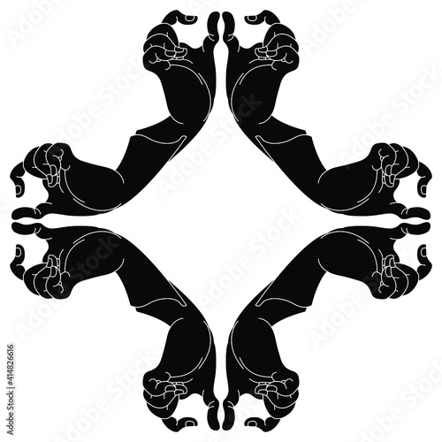 Rhombus shape with stylized human hands. Black and white silhouette. 