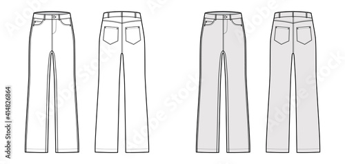Jeans Denim pants technical fashion illustration with full length, low waist, rise, 5 pockets, Rivets, belt loops. Flat bottom apparel template front, back, white, grey color style. Women CAD mockup