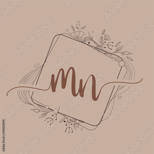 Letter MN Initial Logo with Hand Draw Floral, Initial Wedding Font Logo And Business or Company Identity.