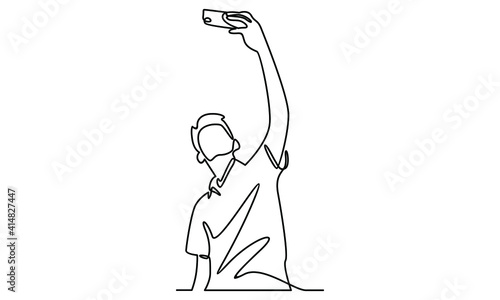 Continue line of boy take a selfie with phone