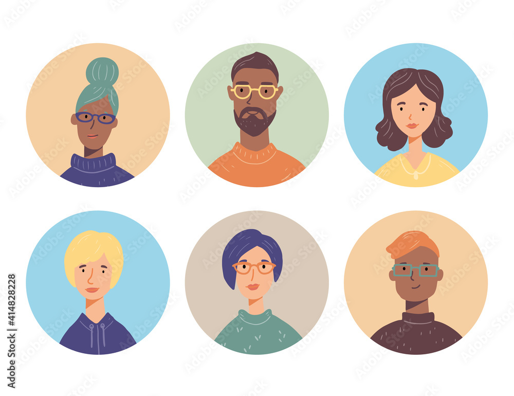 Set of young people charactar avatars with different hair, clothes, glasses. People have smiling faces. Trendy style illustration for icon, avatars, portrait design. Set of young people charactar avatars with different hair, clothes, glasses. People have smiling faces. Trendy style illustration for icon, avatars, portrait design.