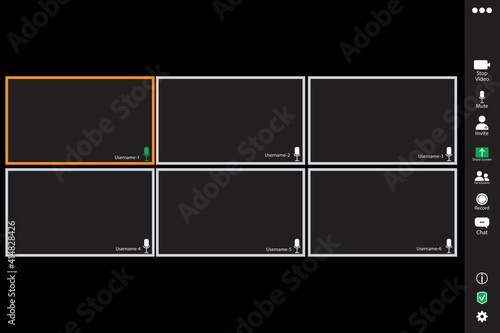Video chat interface. Zoom, great design for any purposes. Eight inactive windows. Video chat interface. Stock image. EPS 10.