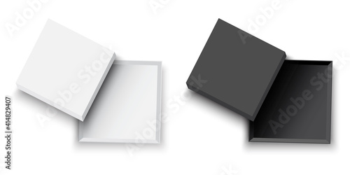 white and black open boxes. Top view. Vector illustration 3d. Empty open gift box template. Stock image. EPS 10.