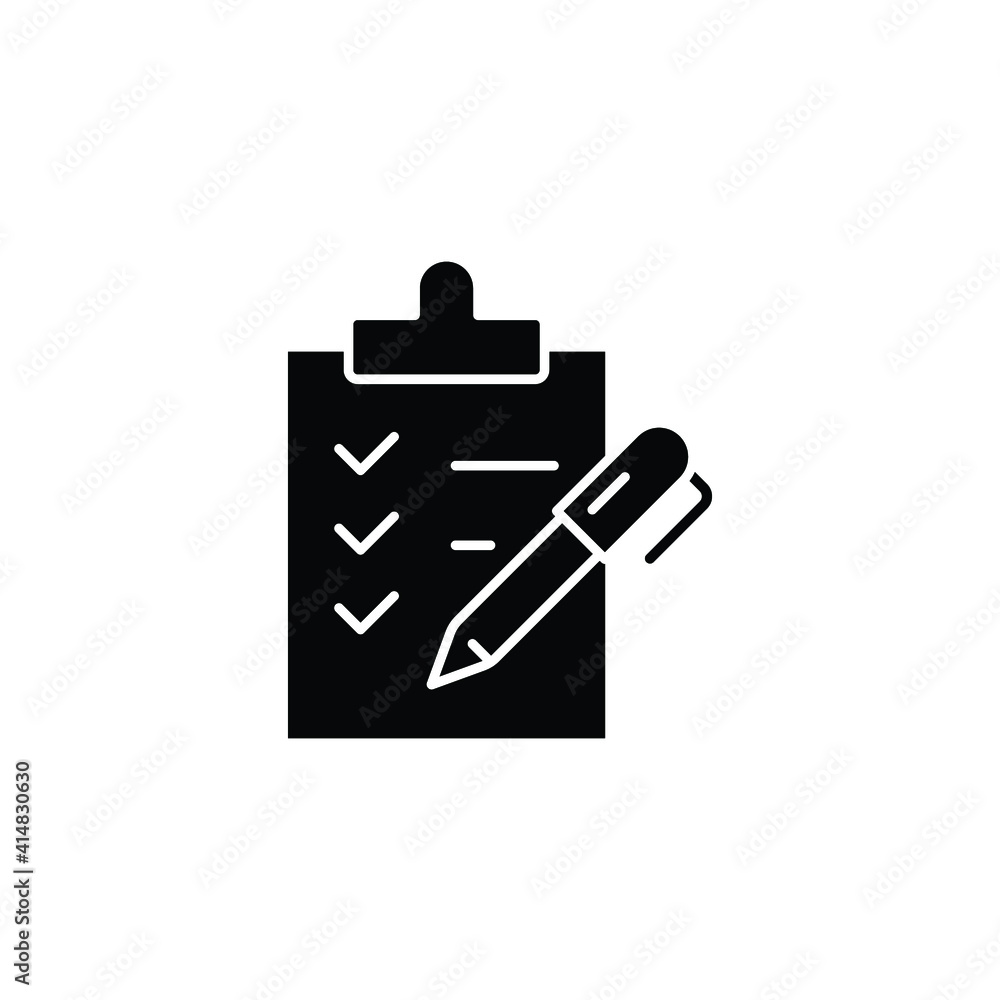Clipboard checklist with pen glyph icon. Testimonials and customer relationship management concept. Simple solid style. Vector illustration isolated on white background. EPS 10. Clipboard checklist with pen glyph icon. Testimonials and customer relationship management concept. Simple solid style. Vector illustration isolated on white background. EPS 10.