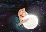 illustration of a portrait of a girl sleeping, in peace, with a smile on her face. Woman hugs the moon, sleeping . Good sleep, insomnia