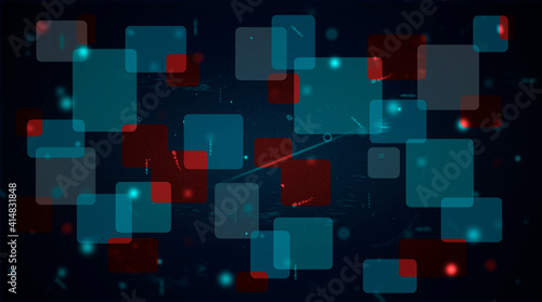 Abstract space background with geometric squares, Futuristic illustration with red Abd blue square, Technology and future concept. shining dots and stars, blur background with dusts and space particle