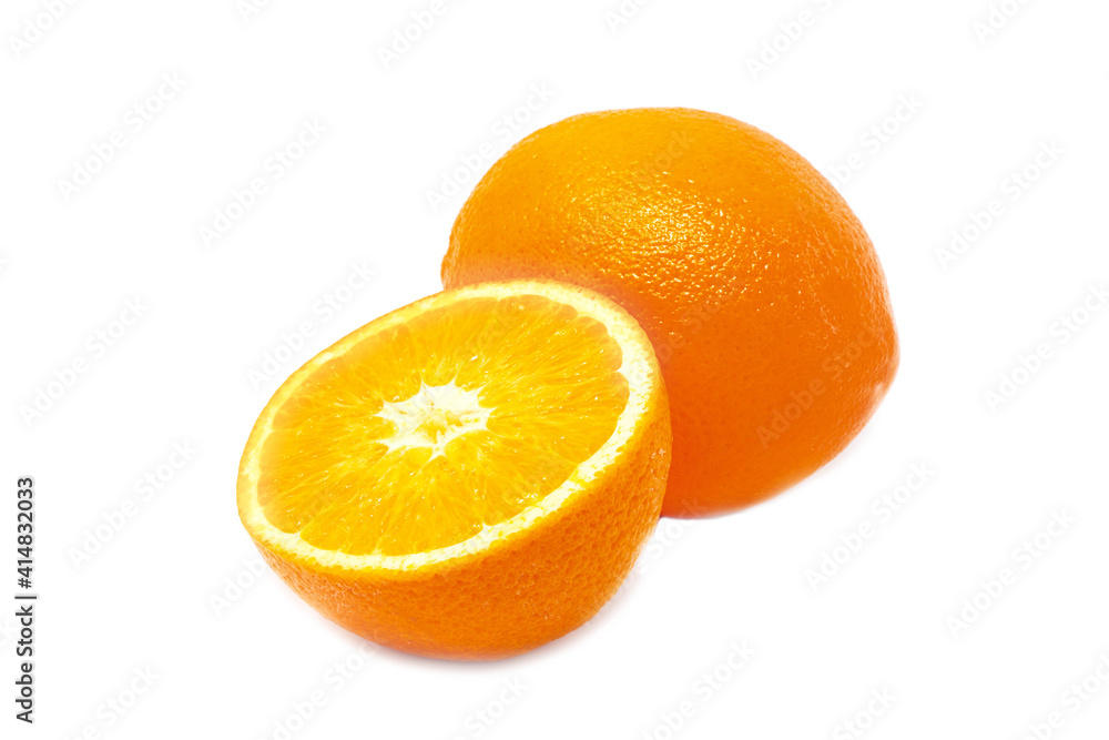 Slieced and whole fresh tropical oranges on white background Slieced and whole fresh tropical oranges on white background