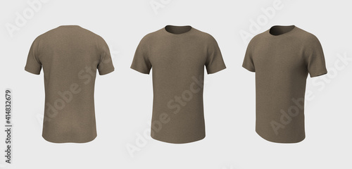 men's short-sleeve raglan t-shirt mockup in front, side and back views, design presentation for print, 3d illustration, 3d rendering