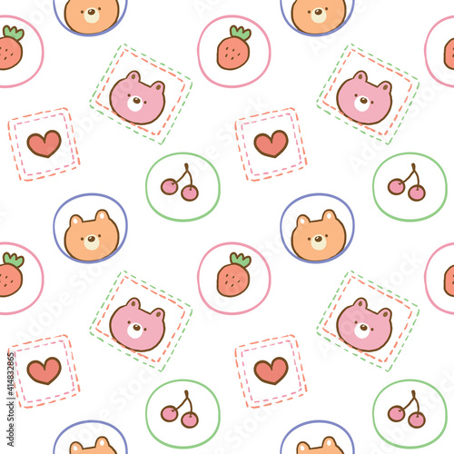 Seamless Pattern for Kids with Cartoon Bear Face, Cherry, Strawberry and Heart Illustration Design on White Background