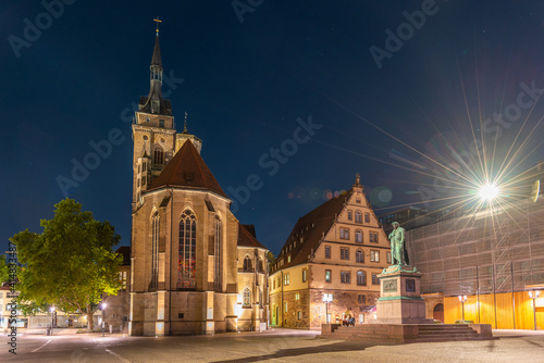 Sunset view of Stiftskirche at Schillerplatz square in Stuttgart, Germany photo