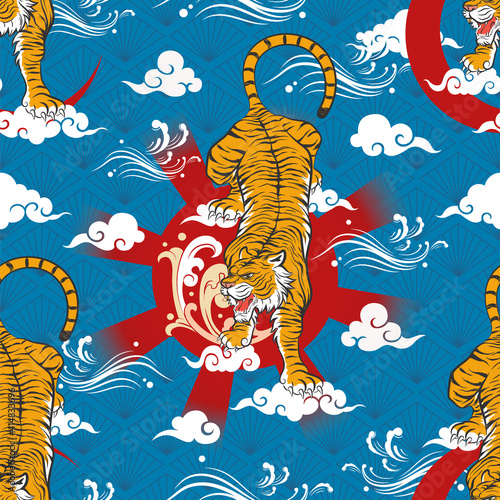 Fototapeta Naklejka Na Ścianę i Meble -  Seamless Art Japanese Repeat Pattern Colorful Theme with Climbing Tiger with The Sun, Crescent Moon, Windy Line and Different Cloud Shape on  Diamond Pattern Blue Background Design for Wrapping Paper