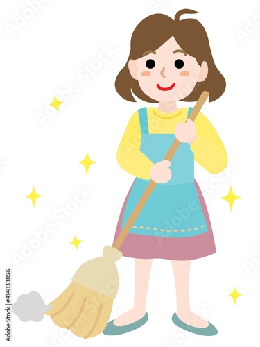 ほうきで掃除をする主婦のイラスト