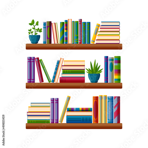 Racks with books and plants. Colorful books in cartoon style. Vector illustration isolated on white background