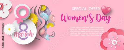 Poster banner of International Women's day in paper cut style and vector design with specials offer sale wording on pink background.