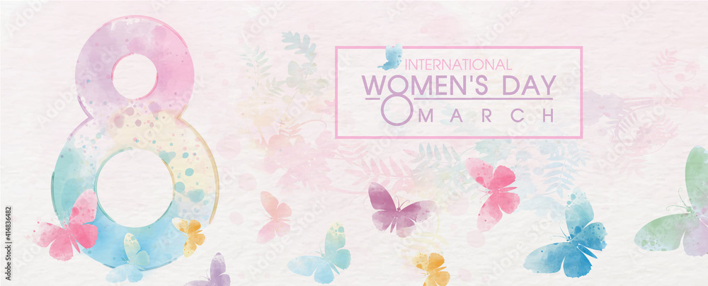 Giant of number 8 with colorful butterfly flying and wording of Women's day event on white paper pattern and plant colorful background. All in watercolors style and banner vector design.