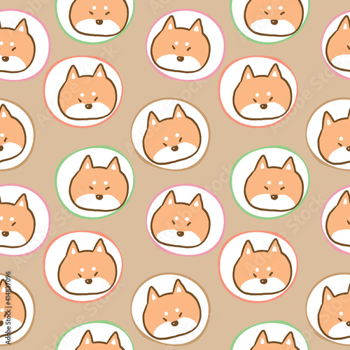 Fototapeta Naklejka Na Ścianę i Meble -  Seamless Pattern with Cartoon Shiba Inu Dog Face Design on Light Brown Background