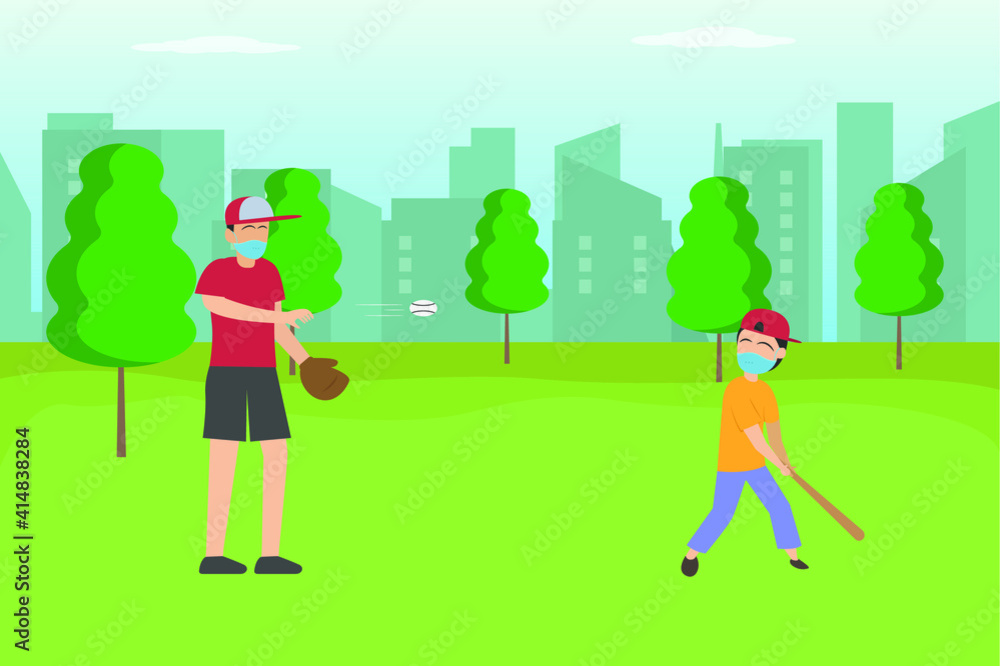 Fatherhood vector concept: Young father and little son playing baseball together in the park while wearing face mask in new normal 