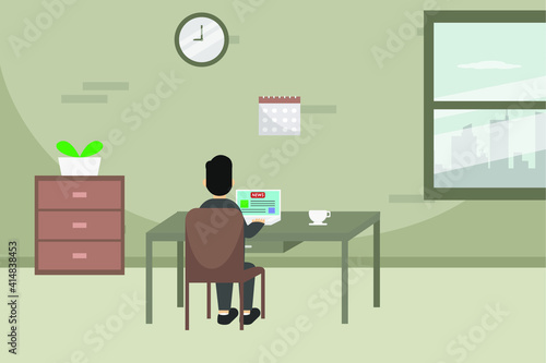 Reading vector concept: Young man reading online news on laptop while sitting on the chair