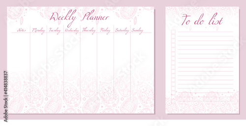 Set of day organization templates with tribal easter egg. Weekly planner and to do list. Outline Festive Easter treat with folk pattern. Holiday setting tasks for the day and for the week