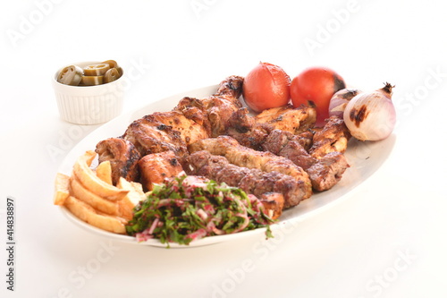Kebab, traditional Turkish, Greek meat and chickens food, isolated on white background