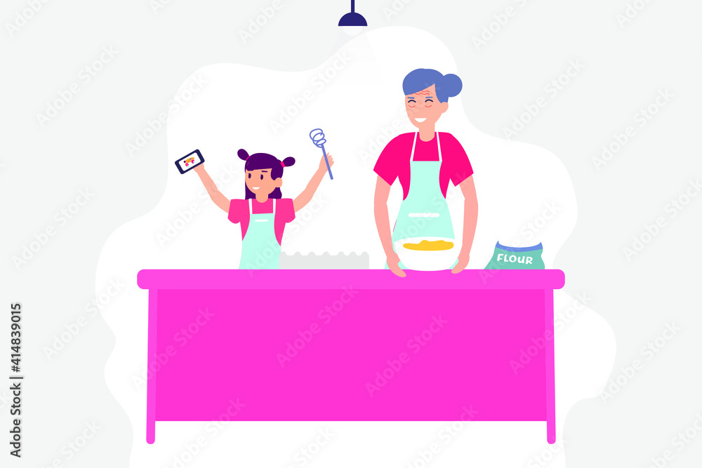 Quality time vector concept: Granddaughter and grandmother cooking together in the kitchen while taking selfie photo Quality time vector concept: Granddaughter and grandmother cooking together in the kitchen while taking selfie photo