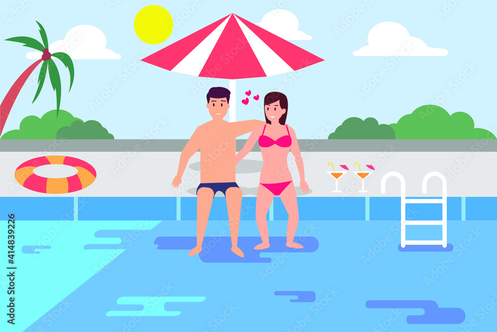Happy couple sitting on the swimming pool under umbrella. Cartoon flat illustration