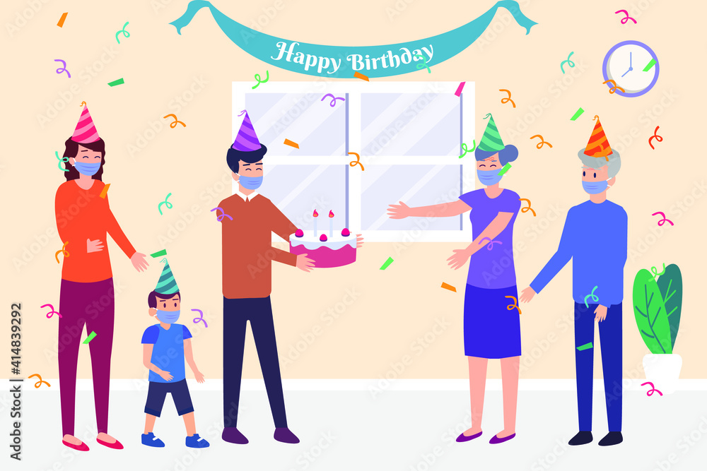 Happy three generation family celebrating grandmother birthday while wearing face mask at home. Vector flat illustration Happy three generation family celebrating grandmother birthday while wearing face mask at home. Vector flat illustration