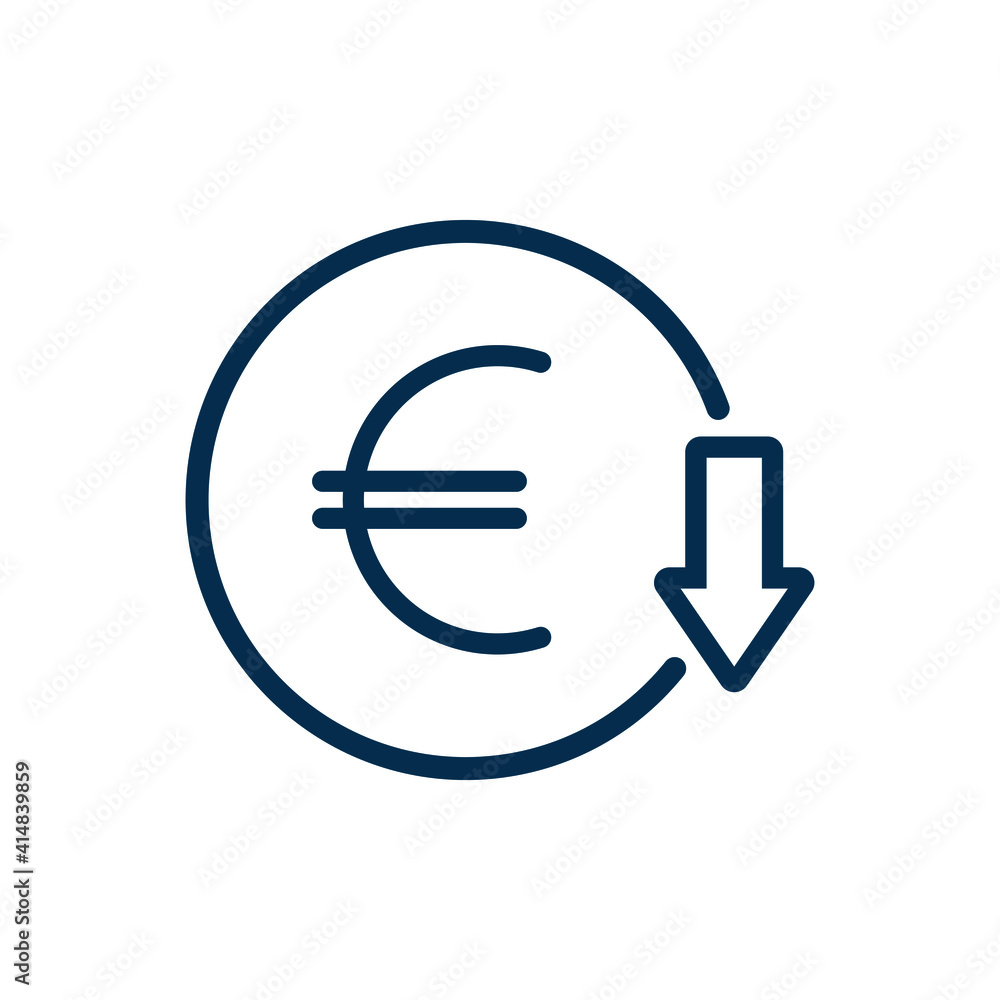 Decreasing value of euro. Cost reduction icon concept isolated on white background. Vector illustration Decreasing value of euro. Cost reduction icon concept isolated on white background. Vector illustration