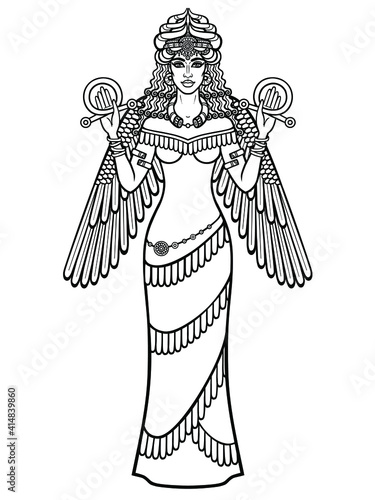 Cartoon drawing: a beautiful woman in a horned crown, a character in Assyrian mythology. Full growth. Winged goddess. Ishtar, Astarta, Inanna. Vector illustration isolated on a white background.