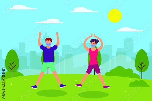Exercise vector concept: Young couple doing jumping jacks exercise together in the park while wearing face mask in new normal © Creativa Images