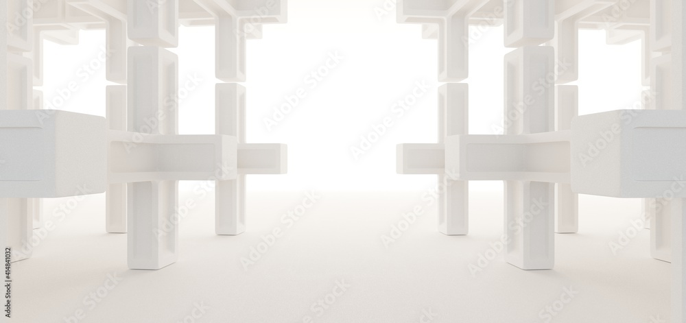 Luxury white abstract architectural minimalistic background. Contemporary showroom. Modern exhibition stand. Empty gallery. Backlight. Polygonal Graphic Design. 3D illustration and rendering.