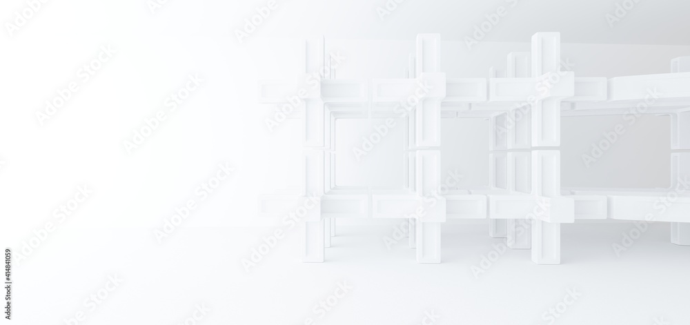 Luxury white abstract architectural minimalistic background. Contemporary showroom. Modern exhibition stand. Empty gallery. Backlight. Polygonal Graphic Design. 3D illustration and rendering.