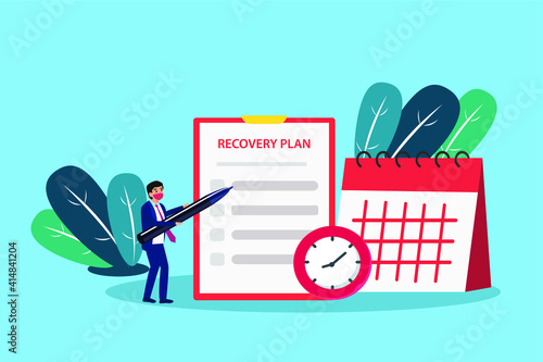 Businessman cartoon character in face mask writing recovery plan lists with time and calendar background. Business recovery vector concept