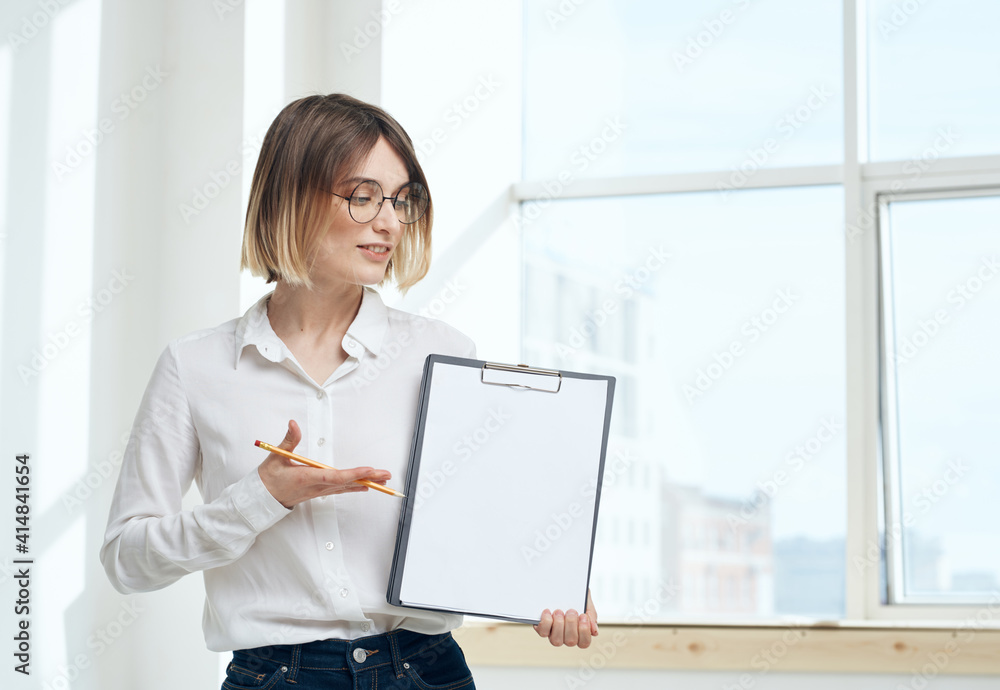 room finance woman business documents interior window room finance woman business documents interior window