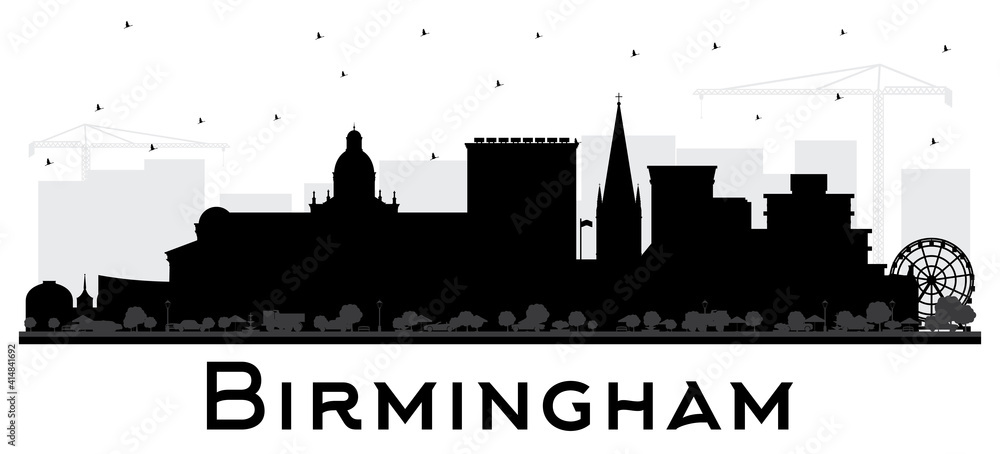 Obraz premium Birmingham UK City Skyline Silhouette with Black Buildings Isolated on White.
