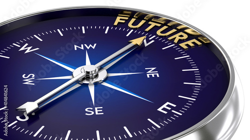 Compass made of metal and blue color. needle pointing to the golden future word. Marketing concept. 3D illustration