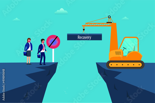 Businesspeople in face mask waiting a crane to recovery the bridge with no coronavirus signpost