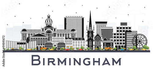 Birmingham UK City Skyline with Color Buildings Isolated on White.