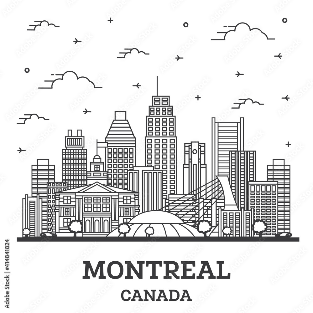Naklejka premium Outline Montreal Canada City Skyline with Modern Buildings Isolated on White.
