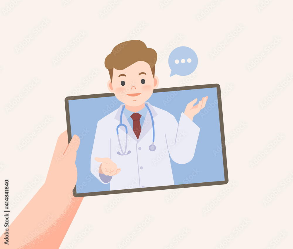 a hand holding tablet see doctor video call online to conect hospital for consultation or diagnosis from distancing place illustration vector. a hand holding tablet see doctor video call online to conect hospital for consultation or diagnosis from distancing place illustration vector.